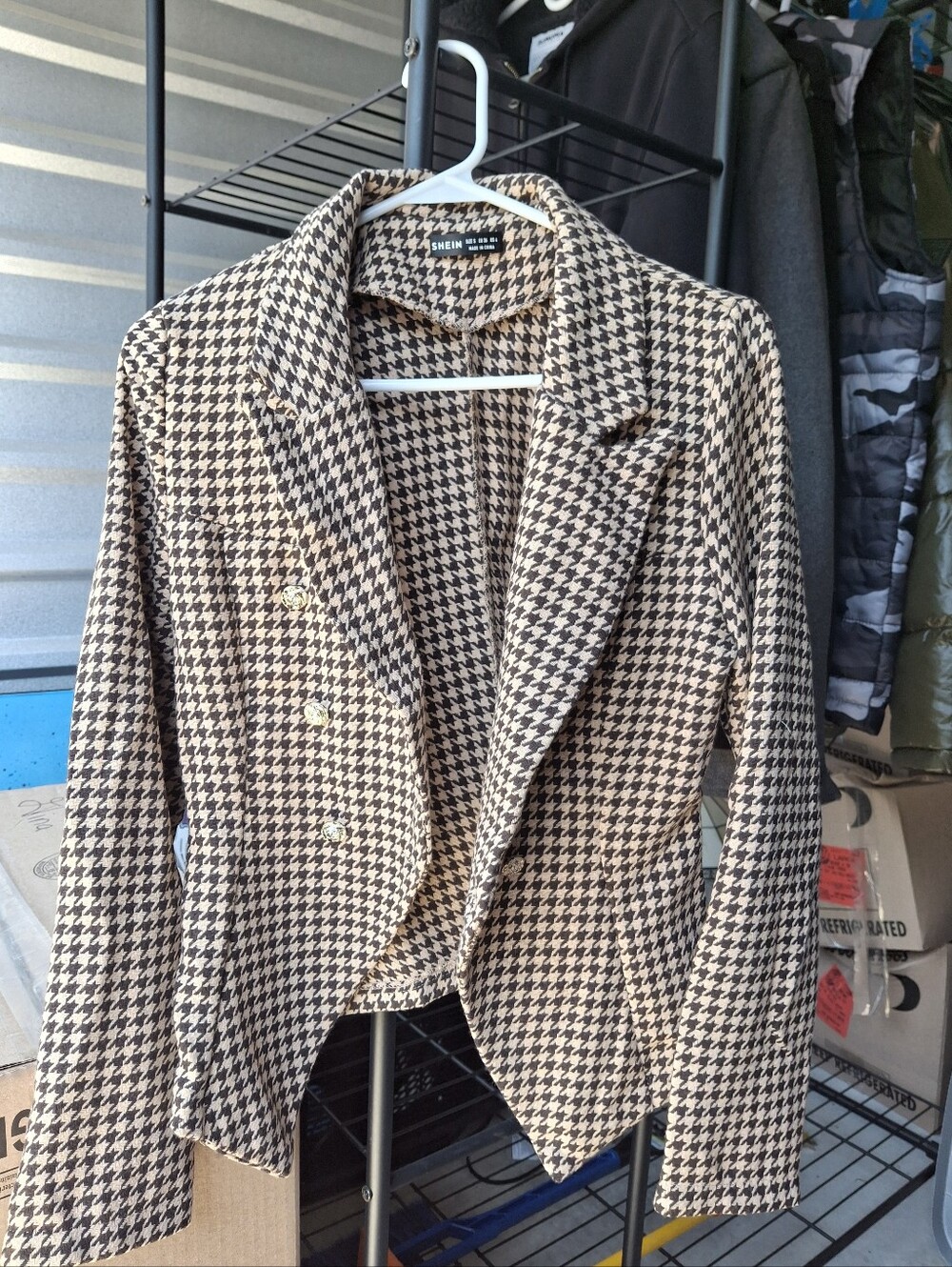 SHEIN Black & Cream Houndstooth Double-Breasted Blazer